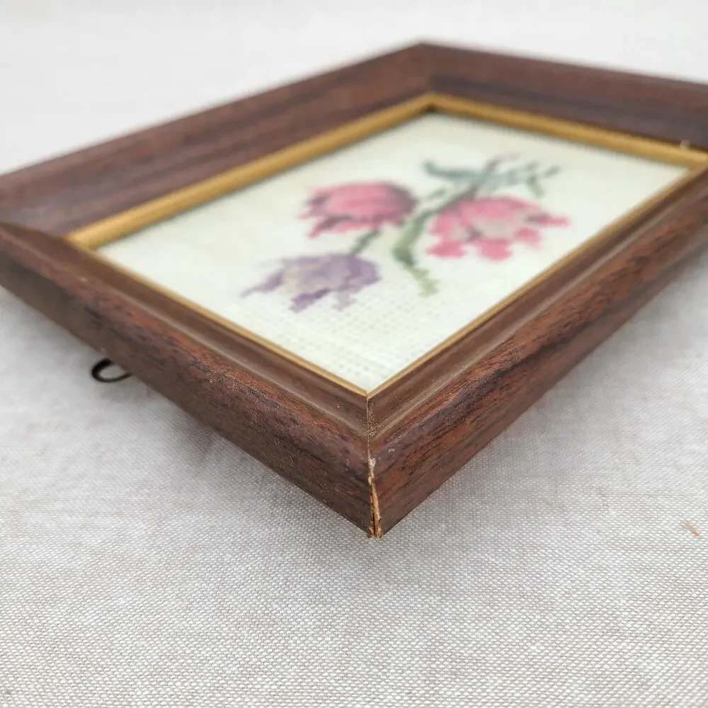 Cottagecore Gallery Wall Accent Piece: Framed Needlepoint Roses Pink Purple VTG